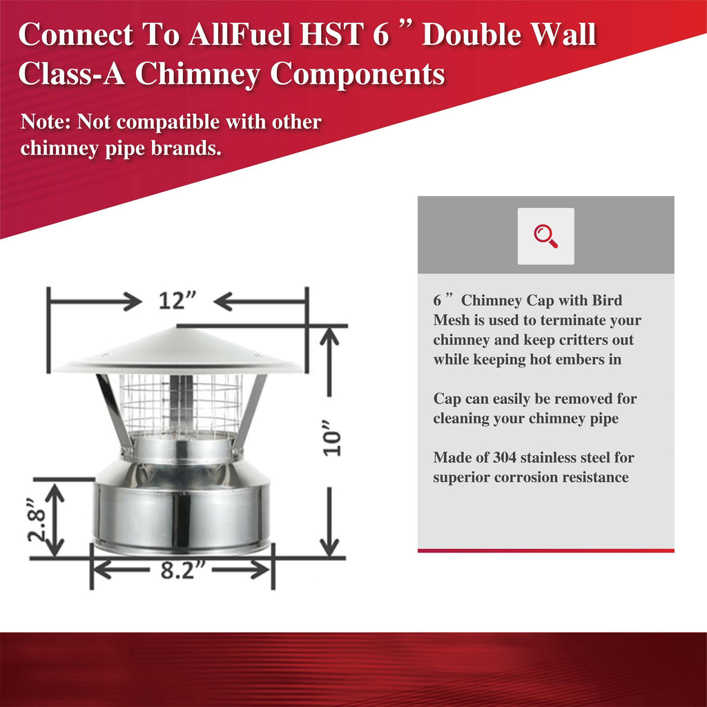 AllFuelHST Chimney Cap with Spark Screen for 6" Inner Diameter Chimney Pipe
